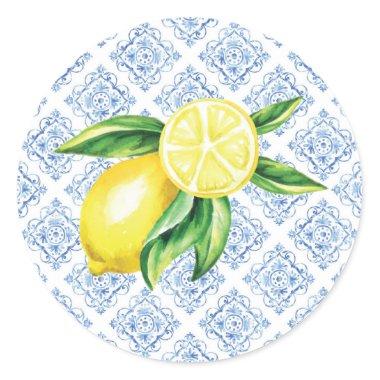 Lemon Envelope Seals, Blue Tile Italian Classic Round Sticker