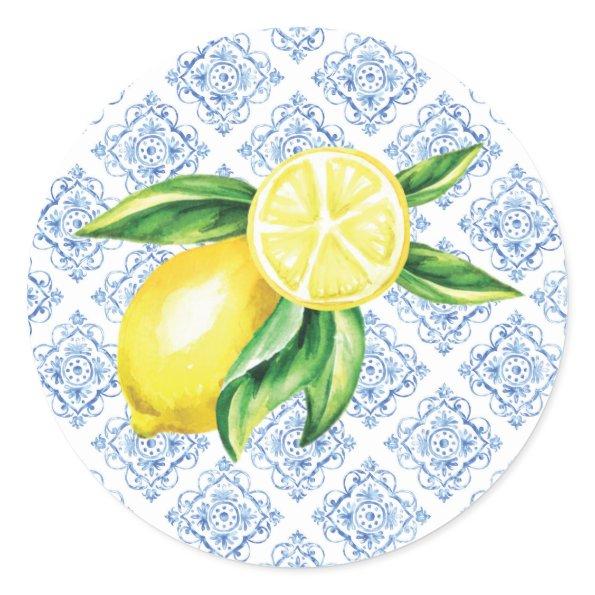 Lemon Envelope Seals, Blue Tile Italian Classic Round Sticker