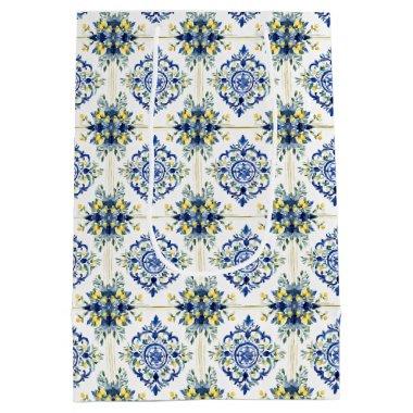 Lemon Floral Italian Tile Blue and White Decoupage Medium Gift Bag