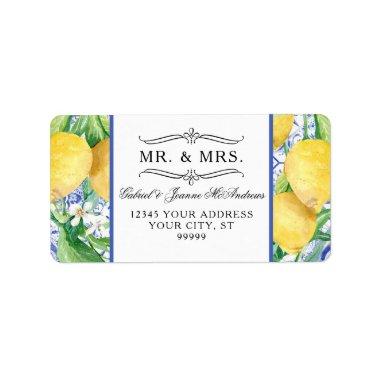 Lemon Foliage Citrus Floral Wreath Blue White Tile Label