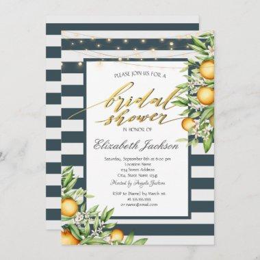 Lemon Frame Navy Blue Striped Bridal Shower Invitations
