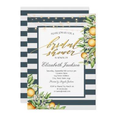 Lemon Frame Navy Blue Striped Bridal Shower Invitations