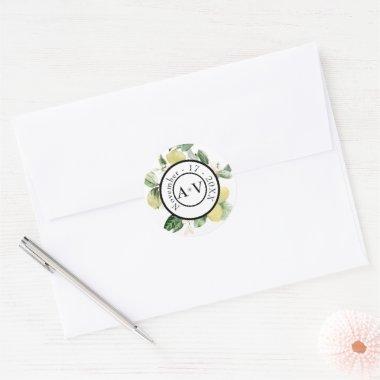 Lemon Garden Floral Monogram White Wedding Classic Round Sticker