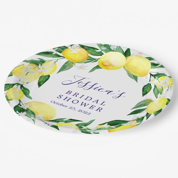 Lemon Greenery Blossom Watercolor bridal Shower Paper Plates