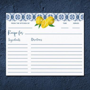 Lemon Italian Blue Tile Bridal Shower Recipe Invitations