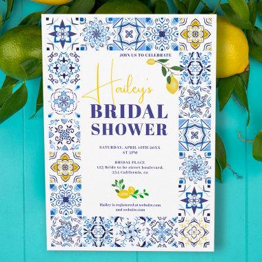 Lemon Italian blue tiles watercolor bridal shower Invitations