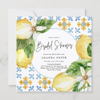 Lemon Mediterranean Italy Blue Tiles Bridal Shower Invitations