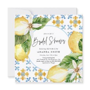 Lemon Mediterranean Italy Blue Tiles Bridal Shower Invitations