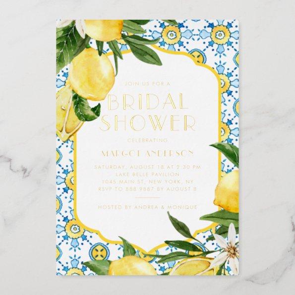 Lemon Mediterranean Summer Bridal Shower Foil Invitations