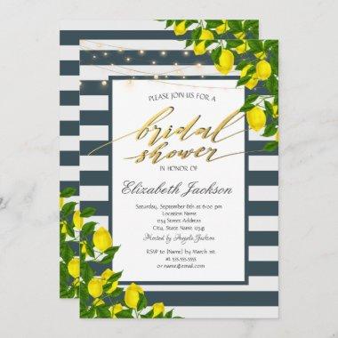 Lemon Navy Blue Striped Bridal Shower Invitations