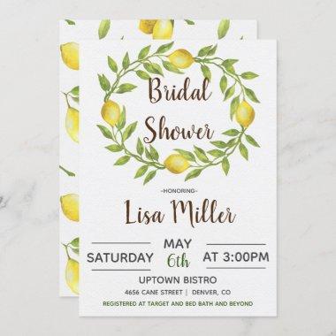 Lemon Wreath Greenery Bridal Shower Invitations