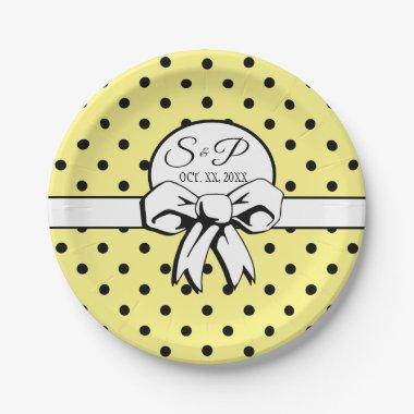 Lemon Yellow and Black Dots White Bow Personalized Paper Plates