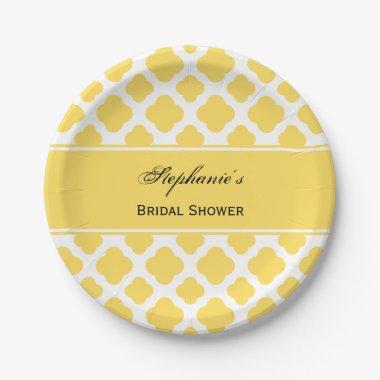 Lemon Yellow and White Quatrefoil Pattern Bridal Paper Plates