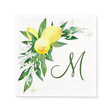 Lemons Blossom Greenery Monogram Party Paper Napkins