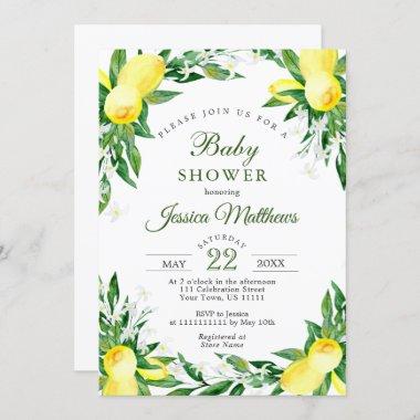 Lemons Blossom Greenery NEUTRAL Baby Shower Invitations