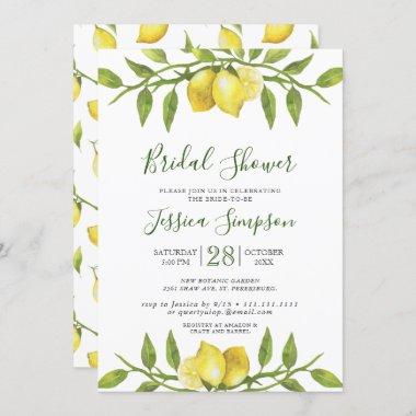 Lemons Blossom Greenery Watercolor Bridal Shower Invitations