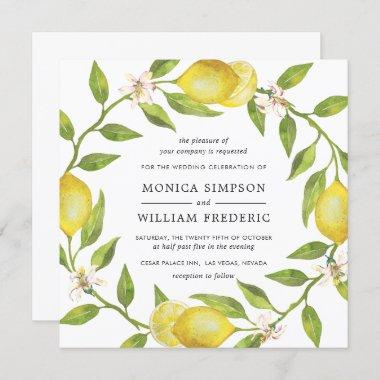 Lemons Blossom Greenery Watercolor Wedding Invitations