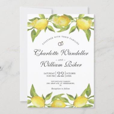 Lemons Blossom Greenery Watercolor Wedding Invitations
