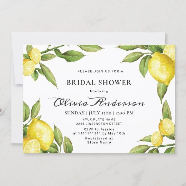 Lemons Chic Greenery Watercolor Bridal Shower Invitations
