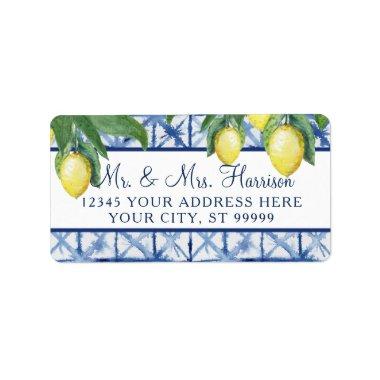 Lemons Citrus Foliage Blue White Yellow Wedding Label