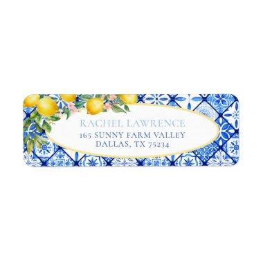 Lemons Floral Italian Blue Tile Return Address Label
