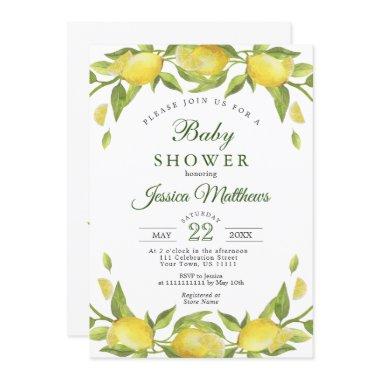 Lemons Greenery Watercolor NEUTRAL Baby Shower Invitations