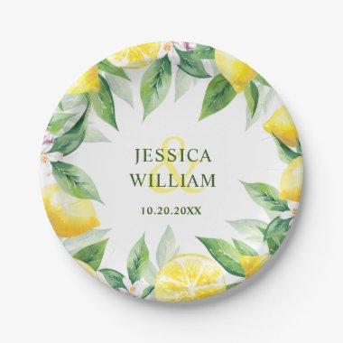 Lemons & Greenery Watercolor Wedding Personalized Paper Plates
