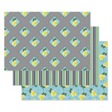 Lemons Leaves White Blossom with Black Gingham Wrapping Paper Sheets