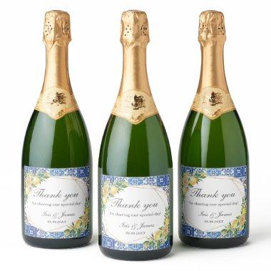 Lemons Meditteranean Blue Mosaic Tiles Wedding Sparkling Wine Label