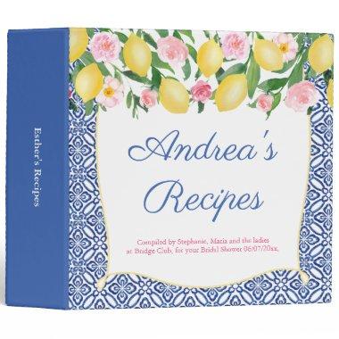 Lemons Pink Floral Blue Tiles Bridal Shower Recipe 3 Ring Binder