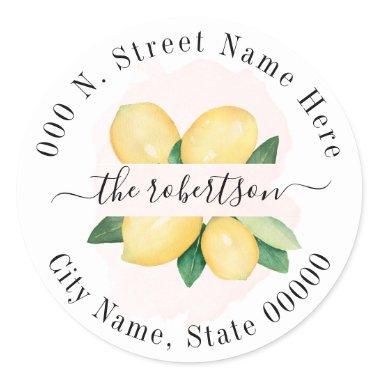Lemons Summer Return Address Pink Watercolor Classic Round Sticker