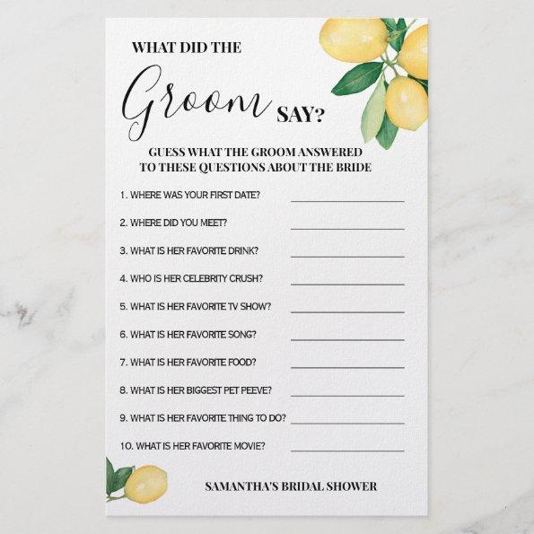 Lemons What did Groom Say Bridal Shower Game Invitations Flyer