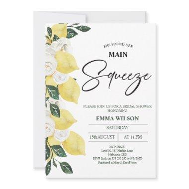 Lemons White Floral Main Squeeze Bridal Shower Invitations