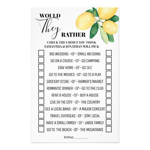 Lemons Would They Rather Bridal Shower Game Invitations Flyer