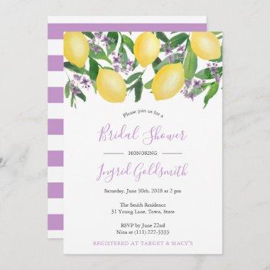 Lemons Yellow and Purple Citrus Bridal Shower Invitations
