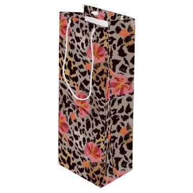 Leopard Animal Pattern Tropical Pink Flowers Wine Gift Bag