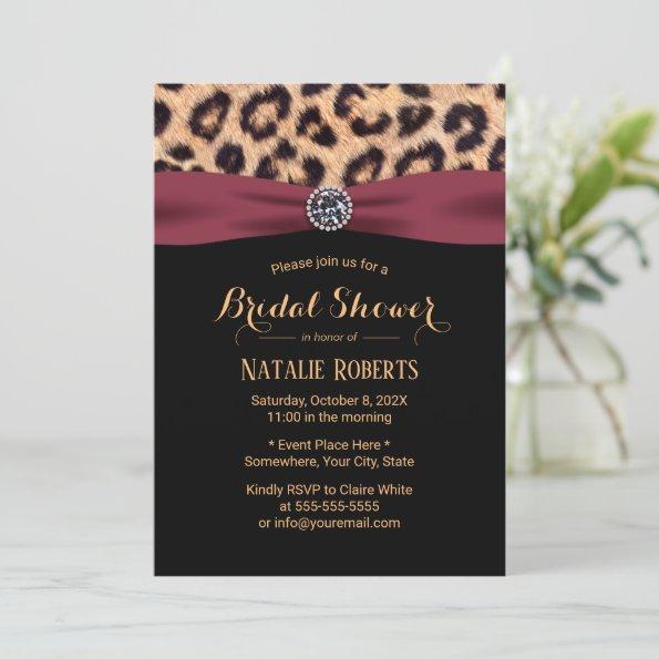 Leopard Burgundy Ribbon Luxury Bridal Shower Invitations