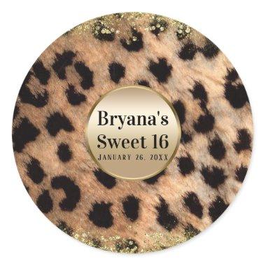 Leopard Cheetah Animal Print Gold Glitter Monogram Classic Round Sticker