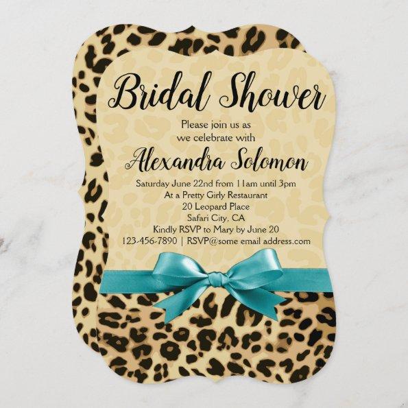 Leopard Print Aqua Blue Bow Bridal Shower Invitations