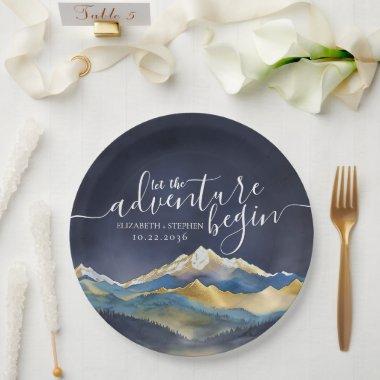 Let The Adventure Begin Blue Gold Mountain Wedding Paper Plates