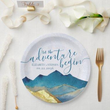 Let The Adventure Begin Blue Gold Mountain Wedding Paper Plates