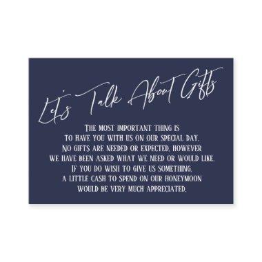 Let's Talk About Gifts Handwriting Navy Blue Enclosure Invitations