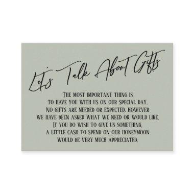 Let's Talk About Gifts Handwriting Sage Green Enclosure Invitations