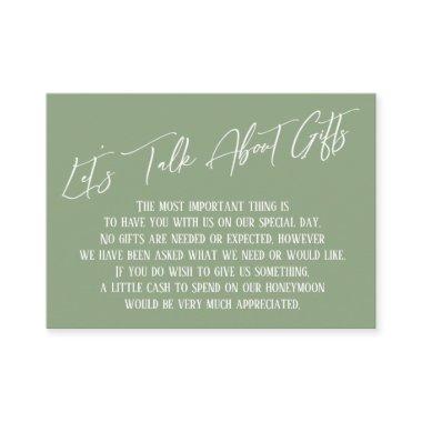 Let's Talk About Gifts Handwriting Sage Green Enclosure Invitations