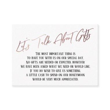 Let's Talk About Gifts Rose Gold Handwriting Enclosure Invitations