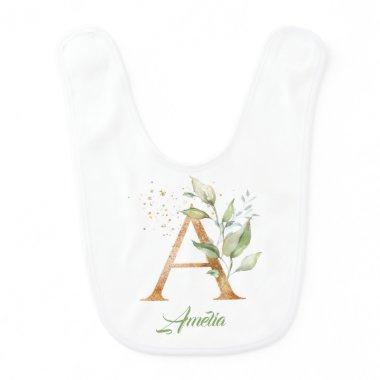 Letter A monogram greenery eucalyptus gold Baby Bib