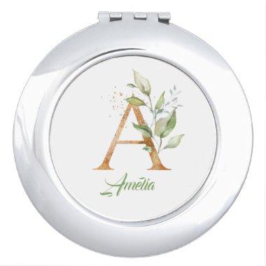 Letter A monogram greenery eucalyptus gold Compac Compact Mirror