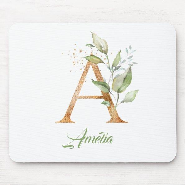 Letter A monogram greenery eucalyptus gold Mouse Pad