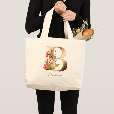 Letter B Elegant Floral Gold Monogram Large Tote Bag