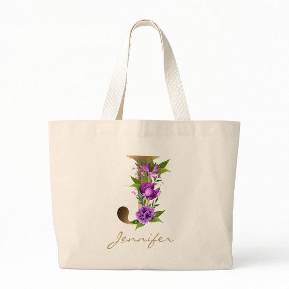 Letter J Elegant Floral Gold Monogram Large Tote Bag
